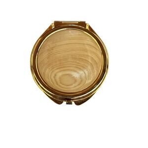 Vintage Compact Mirror Gold Tone Woodgrain Design Round Makeup Purse Accessory